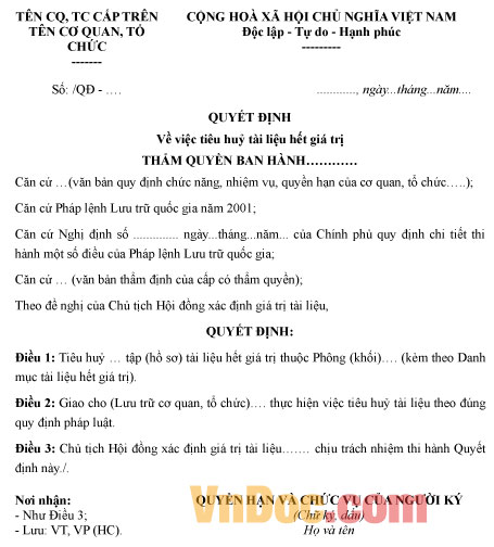 Mẫu quyết định tiêu hủy tài liệu hết giá trị