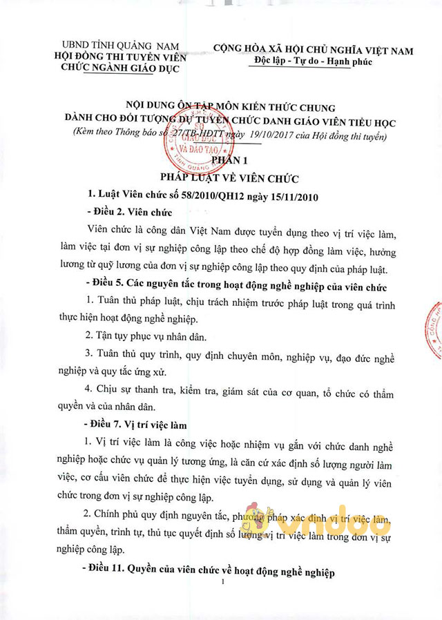 Đề cương ôn tập môn Kiến thức chung thi viên chức tiểu học năm 2017 tỉnh Quảng Nam