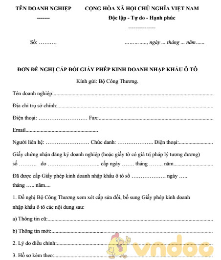 Đơn đề nghị cấp đổi giấy phép kinh doanh nhập khẩu ô tô