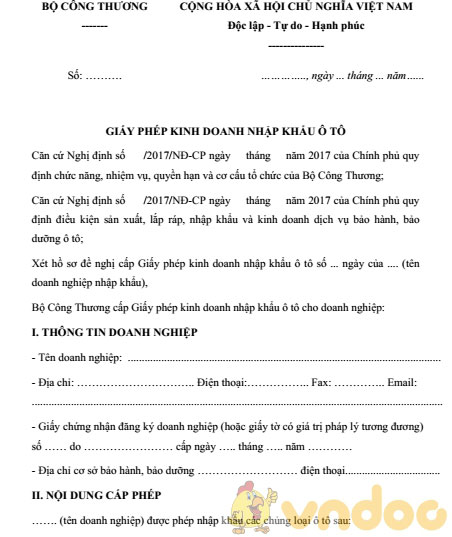 Giấy phép kinh doanh nhập khẩu ô tô