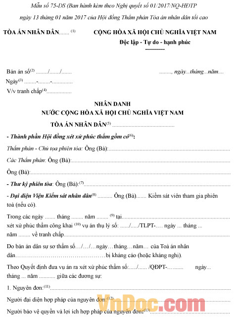 Mẫu số 75-DS: Bản án phúc thẩm