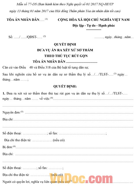 Mẫu số 77-DS: Quyết định đưa vụ án ra xét xử sơ thẩm theo thủ tục rút gọn
