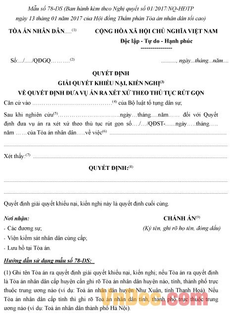 Mẫu số 78-DS: Quyết định giải quyết khiếu nại, kiến nghị về quyết định đưa vụ án ra xét xử theo thủ tục rút gọn