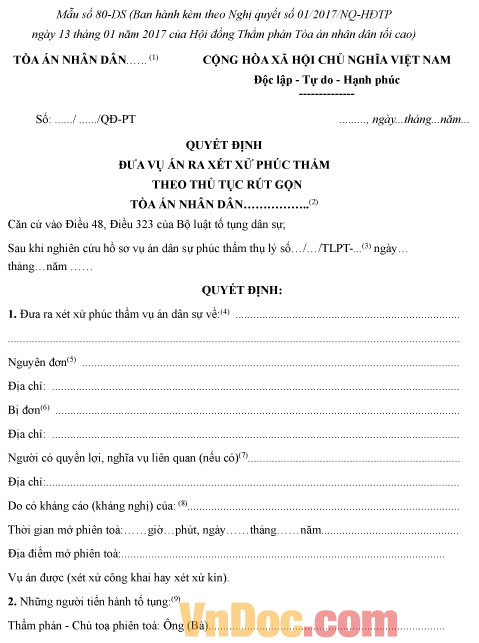 Mẫu số 80-DS: Quyết định đưa vụ án ra xét xử phúc thẩm theo thủ tục rút gọn