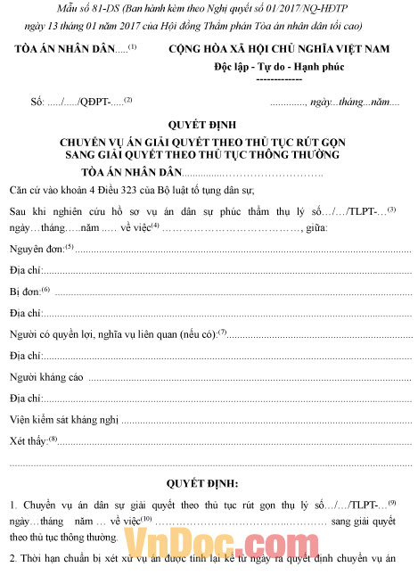 Mẫu số 81-DS: Quyết định chuyển vụ án giải quyết theo thủ tục rút gọn sang giải quyết theo thủ tục thông thường (tại Tòa án cấp phúc thẩm)