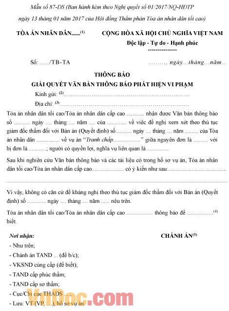 Mẫu số 87-DS: Thông báo giải quyết văn bản thông báo phát hiện vi phạm