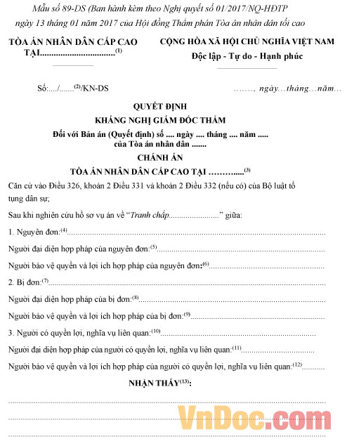 Mẫu số 89-DS: Quyết định kháng nghị Giám đốc thẩm của Chánh án Tòa án nhân dân cấp cao