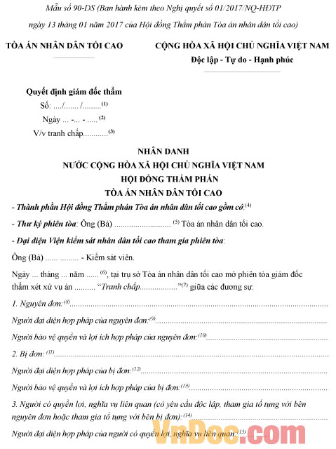  Mẫu số 90-DS: Quyết định Giám đốc thẩm của Hội đồng Thẩm phán Tòa án nhân dân tối cao