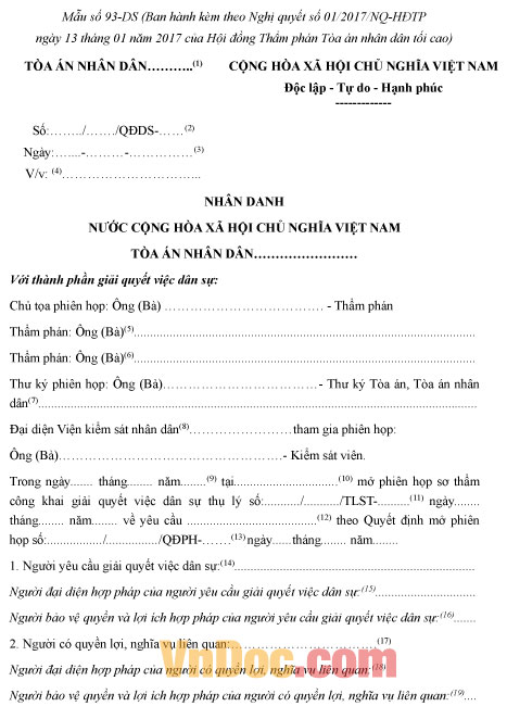 Mẫu số 93-DS: Quyết định giải quyết việc dân sự