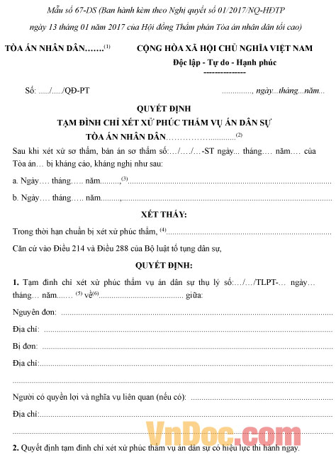 Mẫu số 67-DS: Quyết định tạm đình chỉ xét xử phúc thẩm vụ án dân sự (dành cho Thẩm phán)