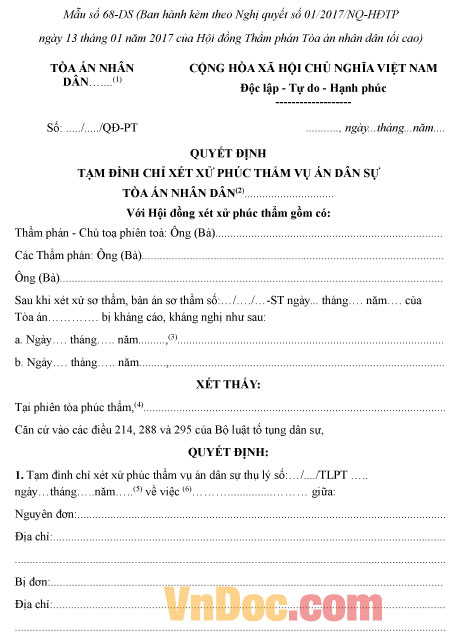 Mẫu số 68-DS: Quyết định tạm đình chỉ xét xử phúc thẩm vụ án dân sự (dành cho Hội đồng xét xử)