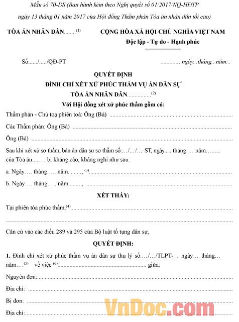 Mẫu số 70-DS: Quyết định đình chỉ xét xử phúc thẩm vụ án dân sự (dành cho Hội đồng xét xử)