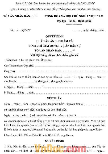 Mẫu số 71-DS: Quyết định huỷ bản án sơ thẩm và đình chỉ giải quyết vụ án dân sự