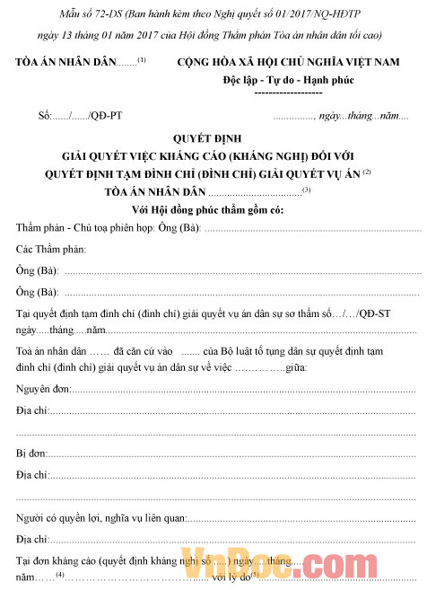 Mẫu số 72-DS: Quyết định giải quyết việc kháng cáo, kháng nghị đối với quyết định tạm đình chỉ giải quyết vụ án