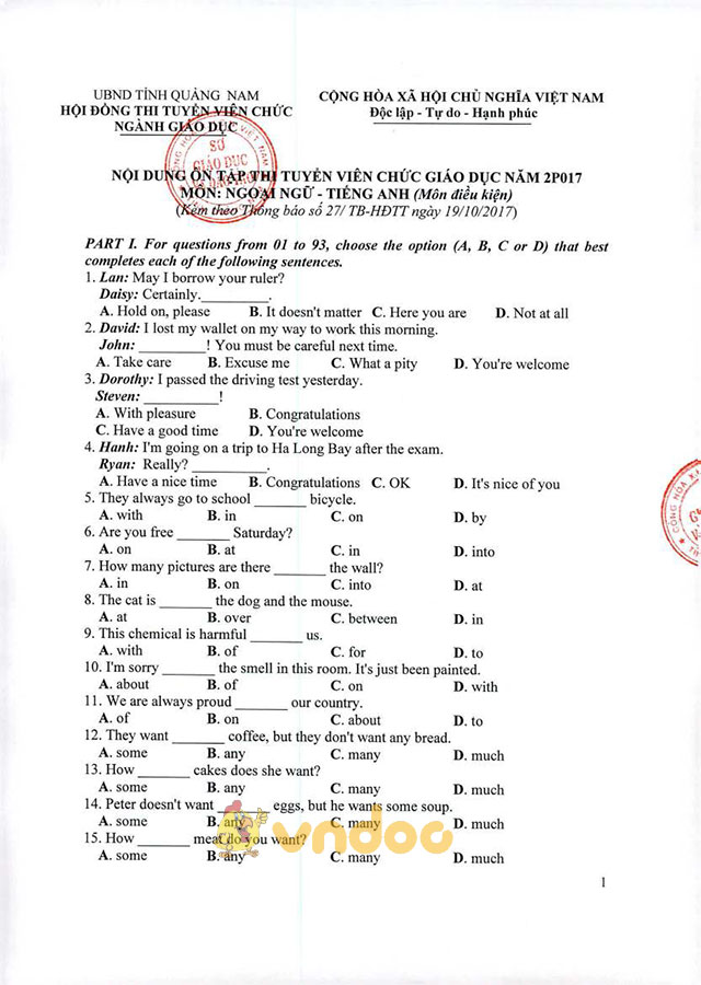 Đề cương ôn tập thi tuyển viên chức giáo dục 2017 môn tiếng Anh tỉnh Quảng Nam