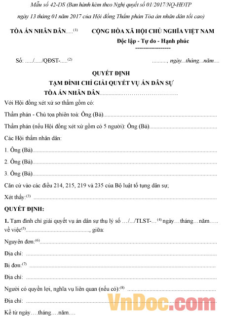 Mẫu số 42-DS: Quyết định tạm đình chỉ giải quyết vụ án dân sự (dành cho Hội đồng xét xử)