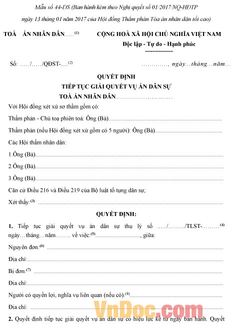 Mẫu số 44-DS: Quyết định tiếp tục giải quyết vụ án dân sự (dành cho Hội đồng xét xử)