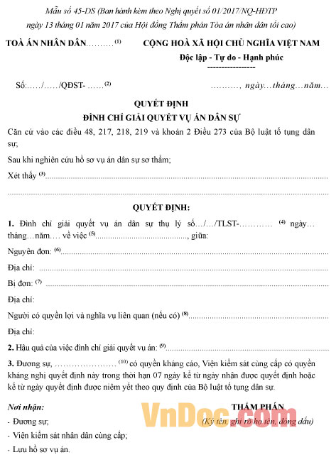 Mẫu số 45-DS: Quyết định đình chỉ giải quyết vụ án dân sự (dành cho Thẩm phán)