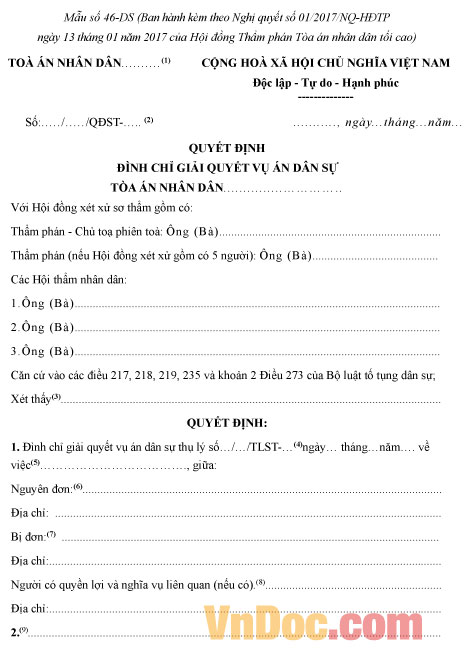 Mẫu số 46-DS: Quyết định đình chỉ giải quyết vụ án dân sự (dành cho Hội đồng xét xử)