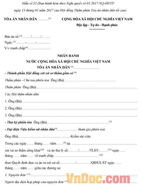 Mẫu số 52-DS: Bản án dân sự sơ thẩm