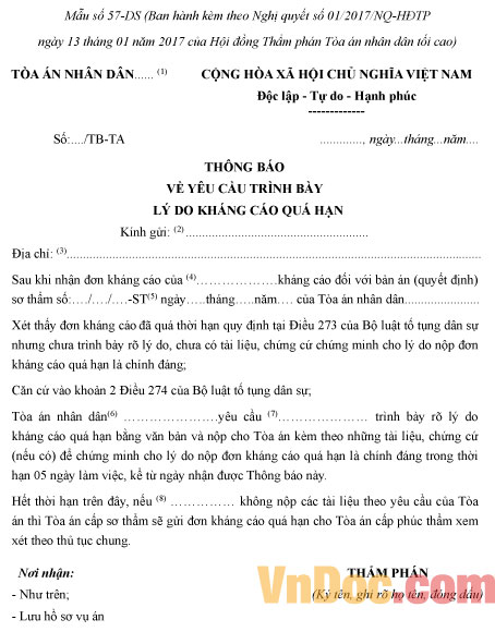 Mẫu số 57-DS: Thông báo về yêu cầu trình bày lý do kháng cáo quá hạn