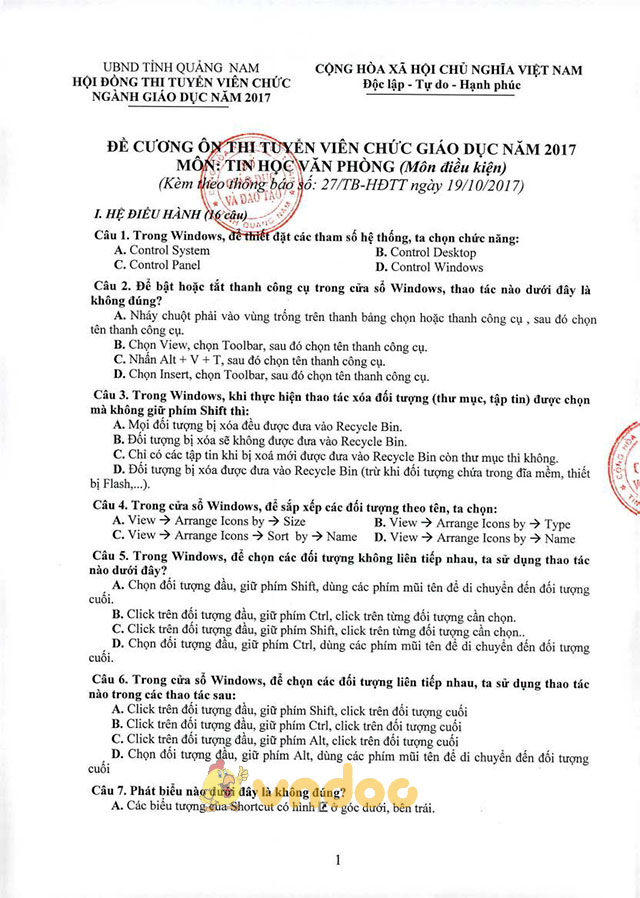 Đề cương ôn tập thi tuyển viên chức giáo dục môn Tin học văn phòng tỉnh Quảng Nam năm 2017