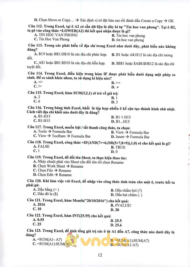 Đề cương ôn tập thi tuyển viên chức giáo dục môn Tin học văn phòng tỉnh Quảng Nam năm 2017