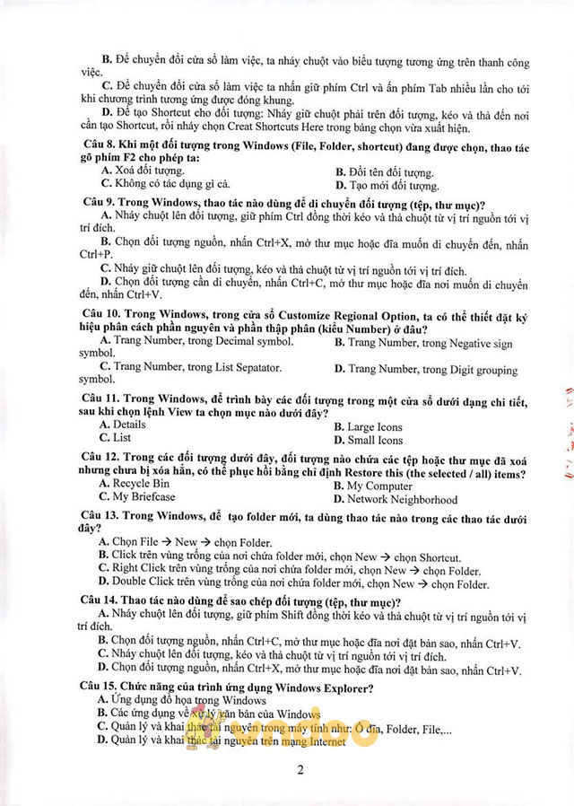Đề cương ôn tập thi tuyển viên chức giáo dục môn Tin học văn phòng tỉnh Quảng Nam năm 2017