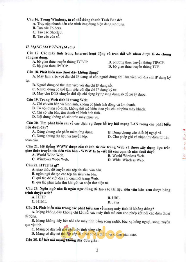 Đề cương ôn tập thi tuyển viên chức giáo dục môn Tin học văn phòng tỉnh Quảng Nam năm 2017