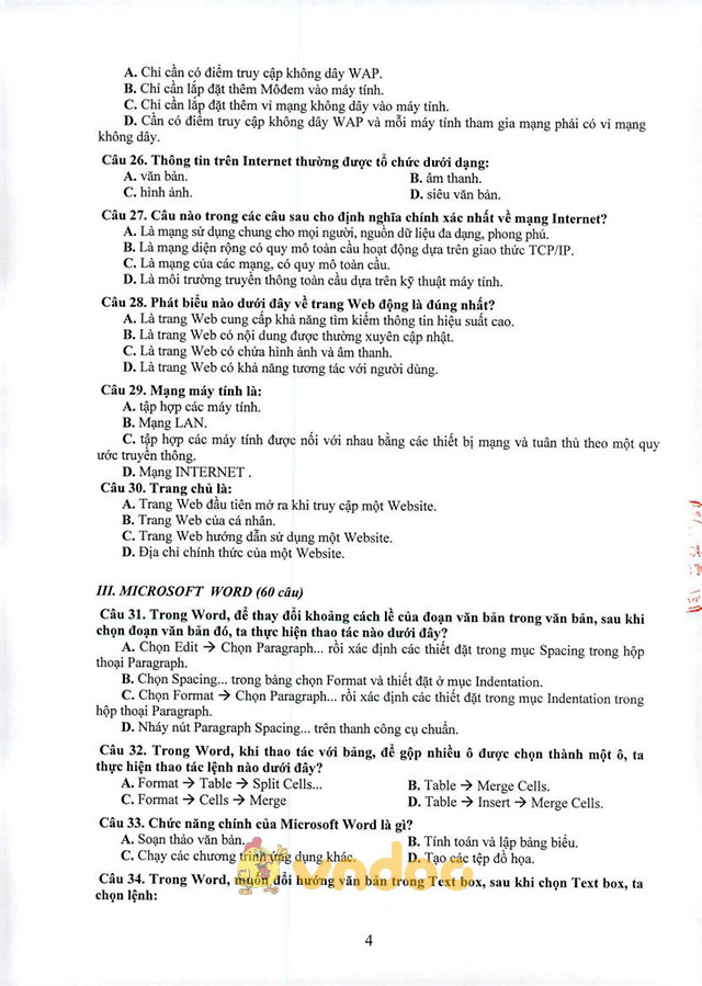 Đề cương ôn tập thi tuyển viên chức giáo dục môn Tin học văn phòng tỉnh Quảng Nam năm 2017