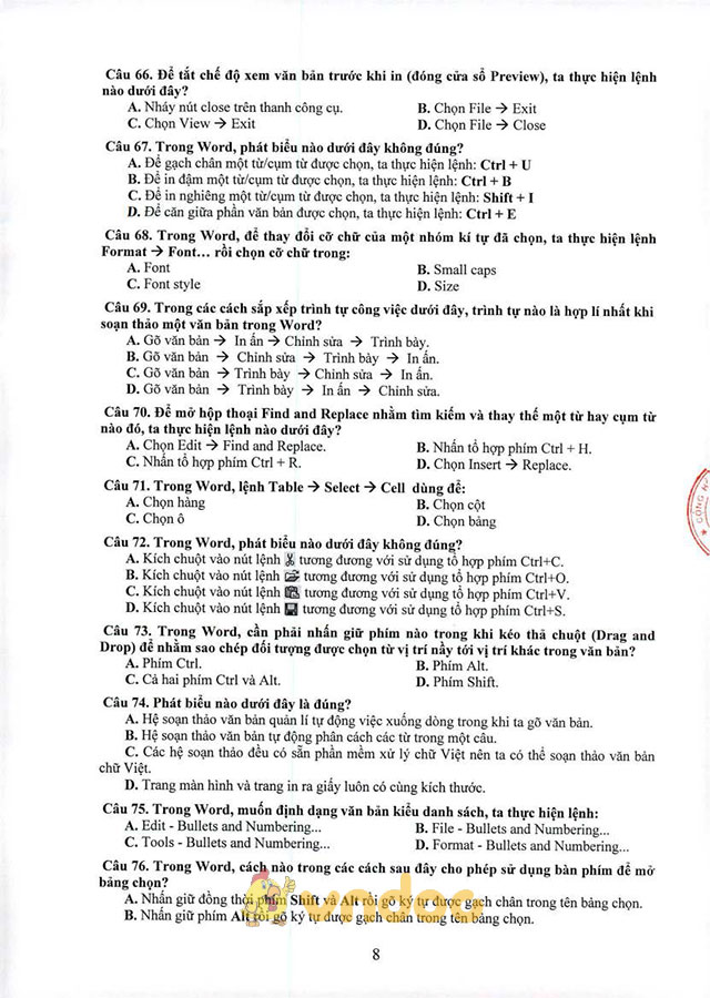 Đề cương ôn tập thi tuyển viên chức giáo dục môn Tin học văn phòng tỉnh Quảng Nam năm 2017