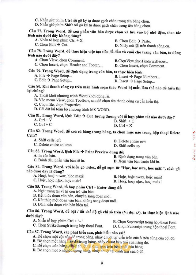 Đề cương ôn tập thi tuyển viên chức giáo dục môn Tin học văn phòng tỉnh Quảng Nam năm 2017