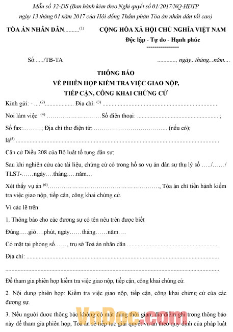 Mẫu số 32-DS: Thông báo về phiên họp kiểm tra việc giao nộp, tiếp cận, công khai chứng cứ