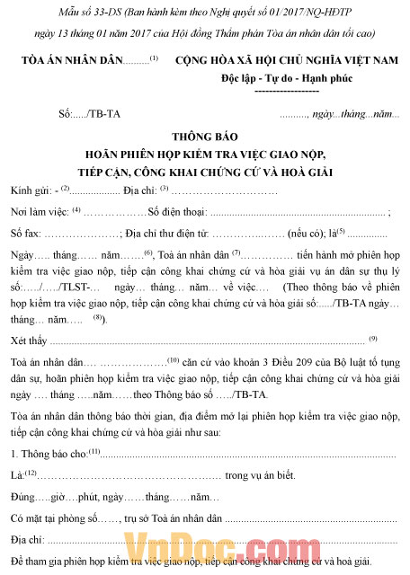 Mẫu số 33-DS: Thông báo hoãn phiên họp kiểm tra việc giao nộp, tiếp cận, công khai chứng cứ và hòa giải