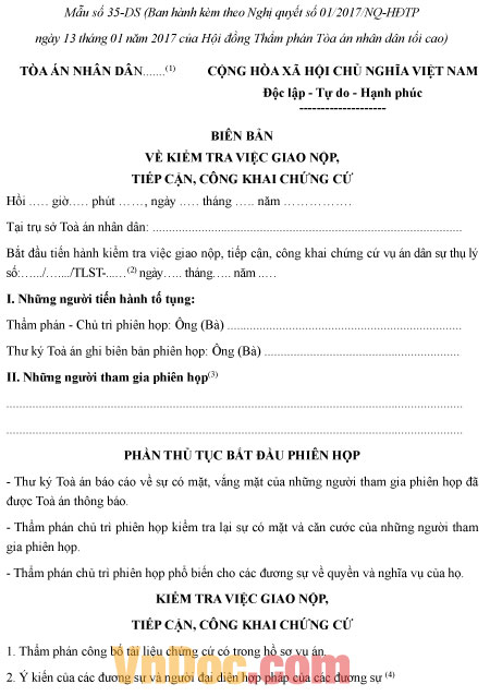 Mẫu số 35-DS: Biên bản về kiểm tra việc giao nộp, tiếp cận, công khai chứng cứ
