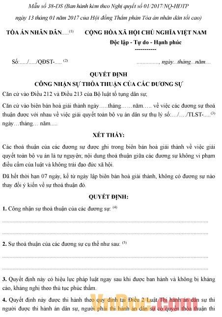 Mẫu số 38-DS: Quyết định công nhận sự thoả thuận của các đương sự (dành cho Thẩm phán)