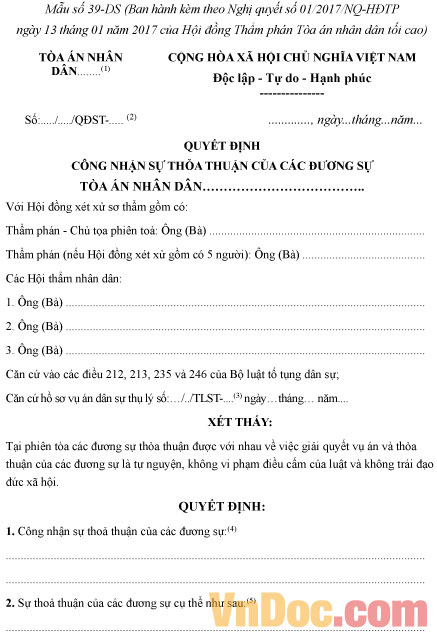 Mẫu số 39-DS: Quyết định công nhận sự thoả thuận của các đương sự (dành cho Hội đồng xét xử)