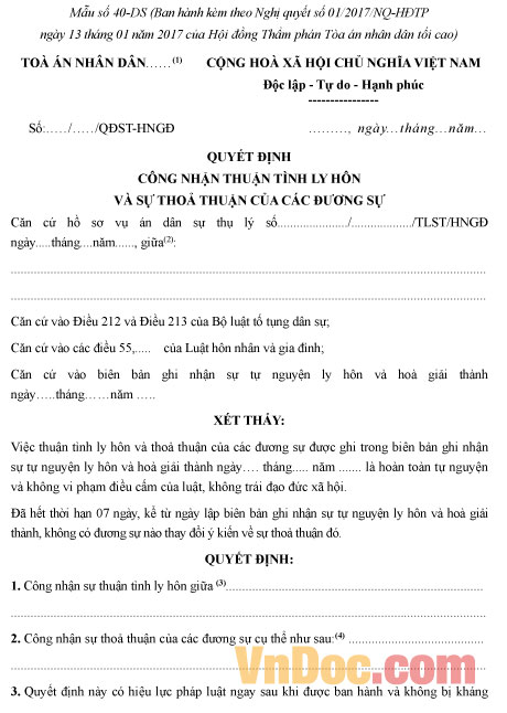 Mẫu số 40-DS: Quyết định công nhận thuận tình ly hôn và sự thỏa thuận của các đương sự
