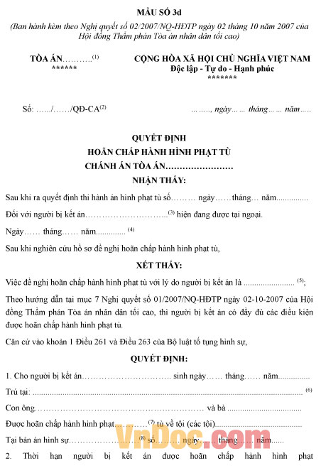 Mẫu quyết định hoãn chấp hành hình phạt tù