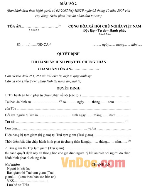 Mẫu quyết định thi hành án hình phạt tù chung thân