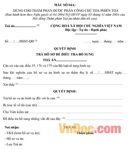 Mẫu số 04a: Quyết định trả hồ sơ để điều tra bổ sung