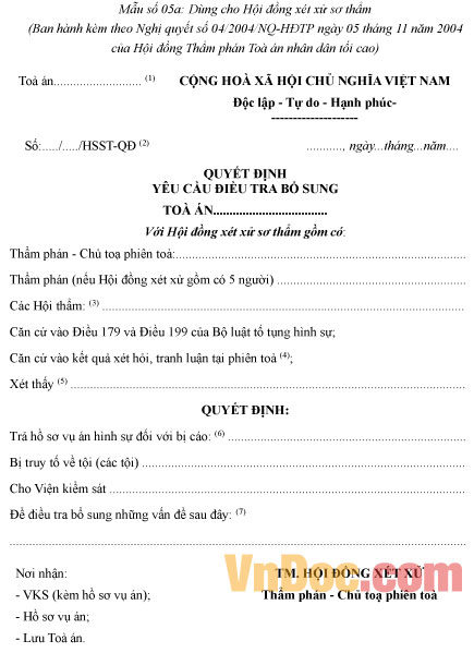 Mẫu số 05a: Quyết định yêu cầu điều tra bổ sung