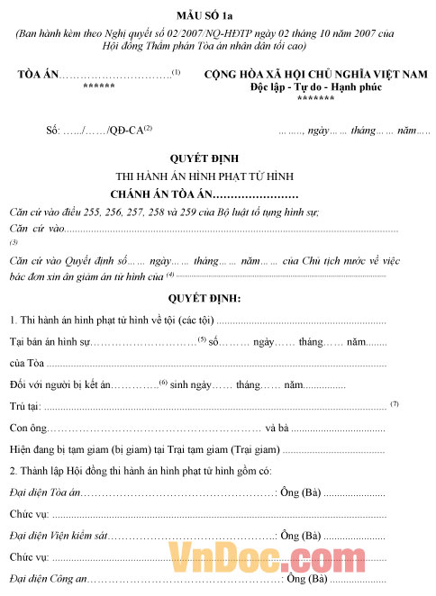Mẫu số 1a: Quyết định thi hành án hình phạt tử hình