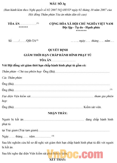 Mẫu quyết định giảm thời hạn chấp hành hình phạt tù