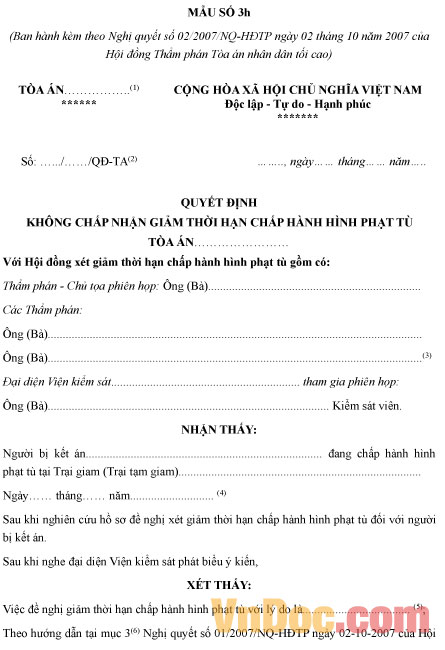 Mẫu quyết định không chấp nhận giảm thời hạn chấp hành hình phạt tù