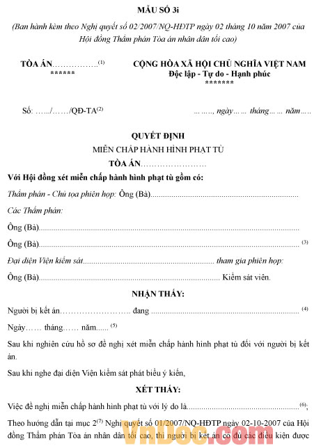 Mẫu quyết định miễn chấp hành hình phạt tù