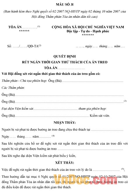 Mẫu quyết định rút ngắn thời gian thử thách của án treo