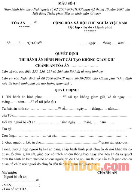 Mẫu quyết định thi hành án hình phạt cải tạo không giam giữ