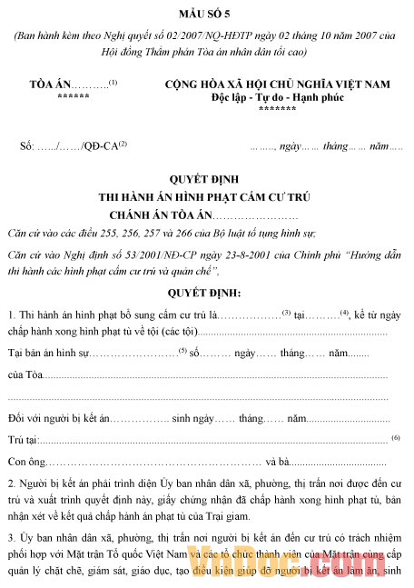 Mẫu quyết định thi hành án hình phạt cấm cư trú