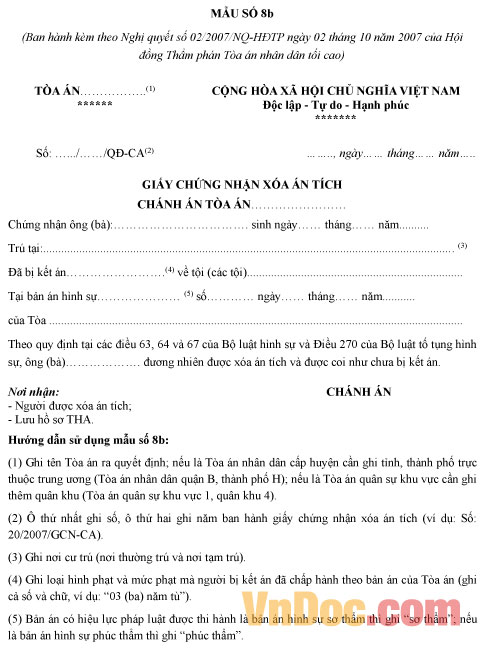 Mẫu giấy chứng nhận xóa án tích